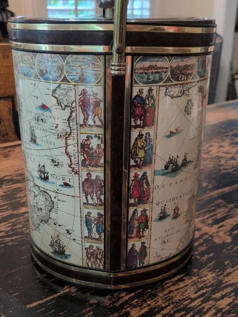 Shelton Ware Old World Map Ice Bucket with Brass Handle - Brown Cream